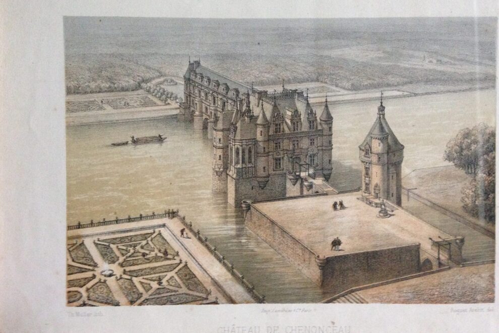 Engraving of Chenonceau showing Diane de Poitiers Gardens